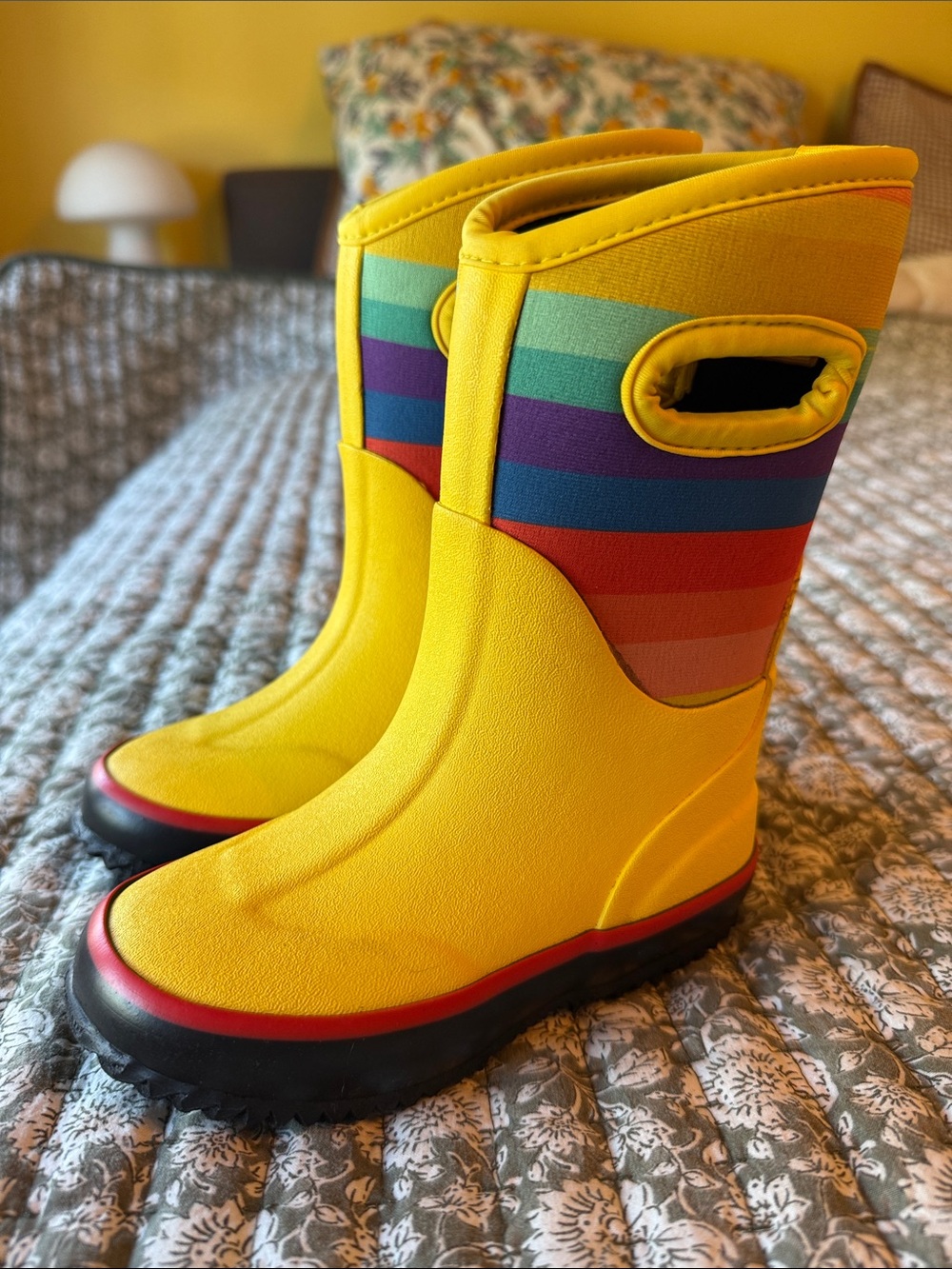 Kids Yellow Rainbow-Striped Waterproof Pull-On Rain Boots